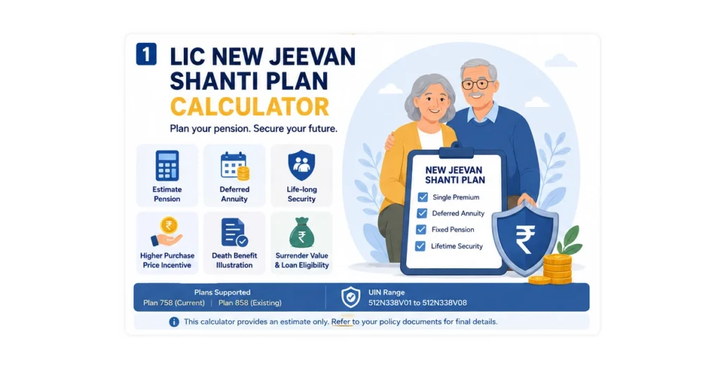 LIC New Jeevan Shanti Plan Calculator infographic showing pension estimation, deferred annuity, single premium, death benefit, surrender value and loan eligibility.