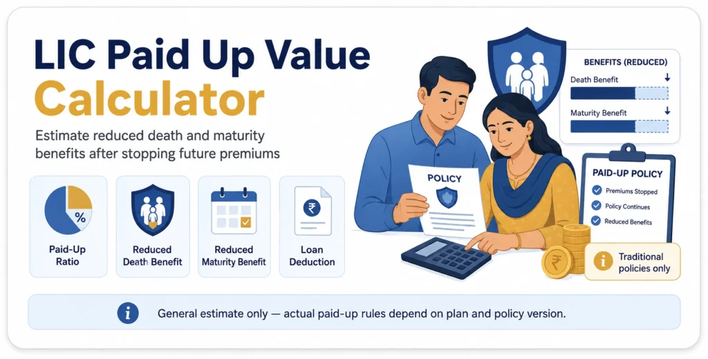 LIC Paid Up Value Calculator infographic showing paid-up ratio, reduced death benefit, reduced maturity benefit and policy-loan deduction after stopping future premiums