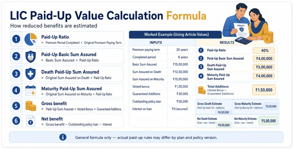 LIC paid-up value calculation example showing a 40% paid-up ratio, reduced death and maturity sums assured, bonus additions and net benefits after loan deduction.