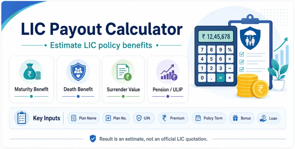 LIC Payout Calculator infographic showing maturity benefit, death benefit, surrender value, pension and ULIP payout estimates