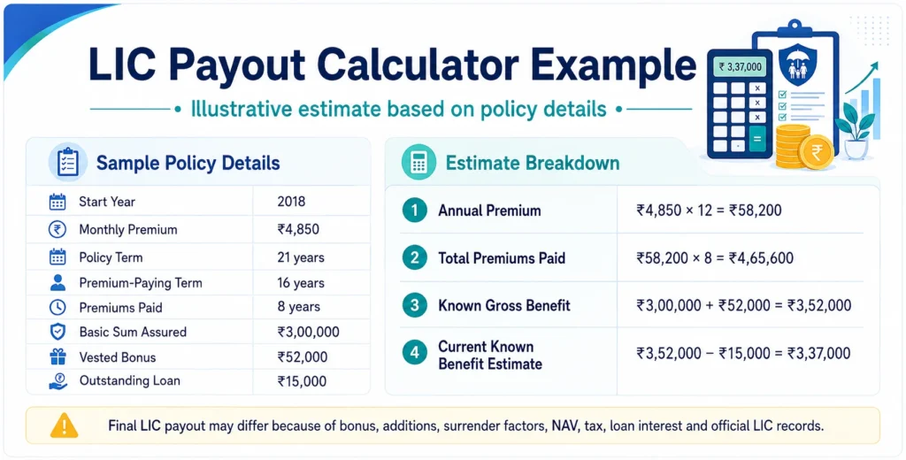 LIC Payout Calculator example showing premium, sum assured, vested bonus, outstanding loan and estimated policy benefit calculation
