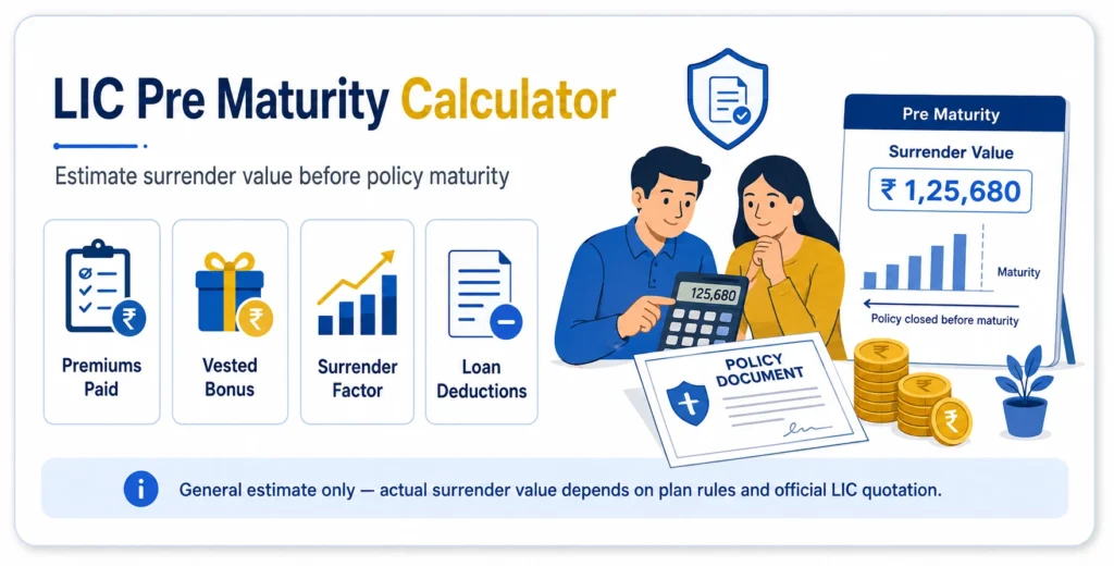LIC Pre Maturity Calculator infographic showing premiums paid, vested bonus, surrender factor, loan deductions and estimated surrender value before policy maturity.