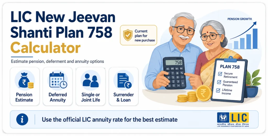 LIC New Jeevan Shanti Plan 758 Calculator infographic showing pension estimate, deferred annuity, Single Life or Joint Life, surrender value and policy-loan facility.