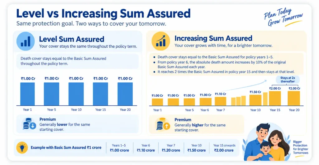 LIC Digi Term Plan 876 Level Sum Assured versus Increasing Sum Assured showing how death cover can rise from Rs 1 crore to Rs 2 crore by policy year 15