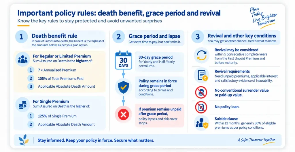 LIC Digi Term Plan 876 important policy rules covering death benefit calculation, 30-day grace period, policy lapse, revival and key conditions