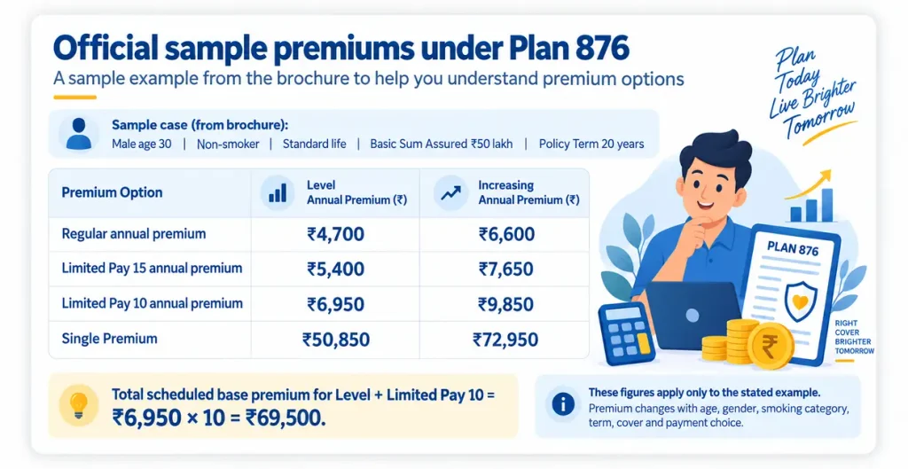 LIC Digi Term Plan 876 sample premiums for a 30-year-old non-smoker with Rs 50 lakh cover comparing Regular, Limited Pay 15, Limited Pay 10 and Single Premium options