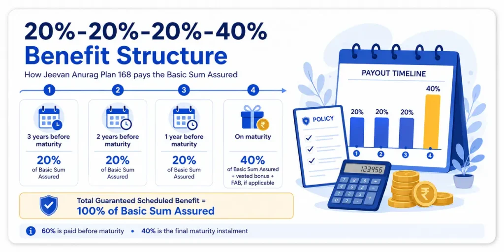 LIC Jeevan Anurag Plan 168 benefit structure showing 20 percent payouts in the three years before maturity and 40 percent final maturity instalment plus applicable bonus