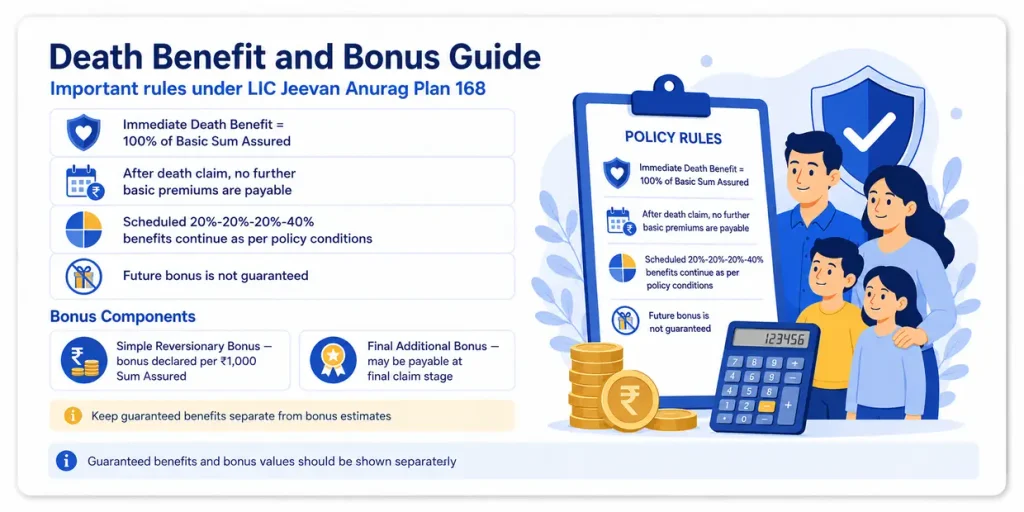 LIC Jeevan Anurag Plan 168 death benefit and bonus guide showing immediate Basic Sum Assured payment, continuing scheduled benefits, Simple Reversionary Bonus and Final Additional Bonus