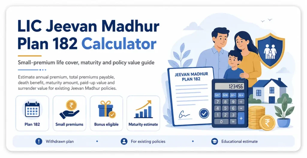LIC Jeevan Madhur Plan 182 Calculator showing annual premium, total premiums, maturity amount, death benefit, paid-up value and surrender value for existing policies