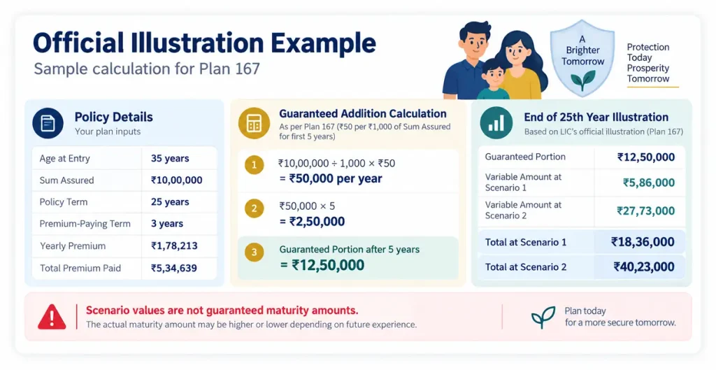 LIC Jeevan Pramukh Plan 167 official illustration for age 35 with Rs 10 lakh Sum Assured, 25-year policy term, 3-year premium-paying term and Rs 12.50 lakh guaranteed portion