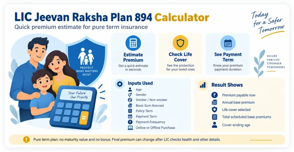 LIC Jeevan Raksha Plan 894 calculator showing premium estimate, selected life cover, payment term, annual base premium and total scheduled premiums