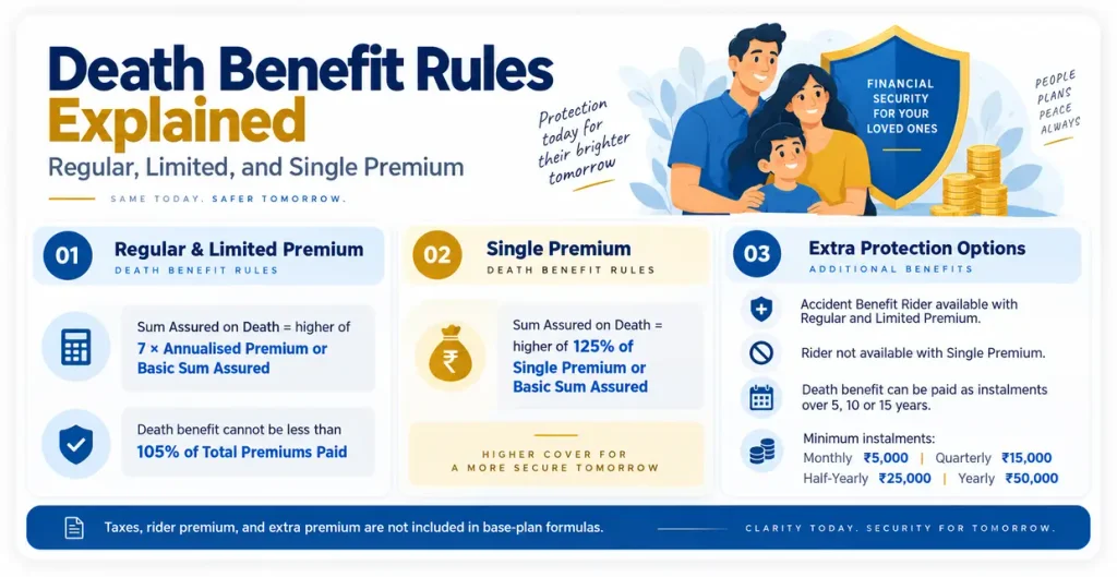 LIC Jeevan Raksha Plan 894 death benefit rules for Regular, Limited and Single Premium policies with optional Accident Benefit Rider and instalment options