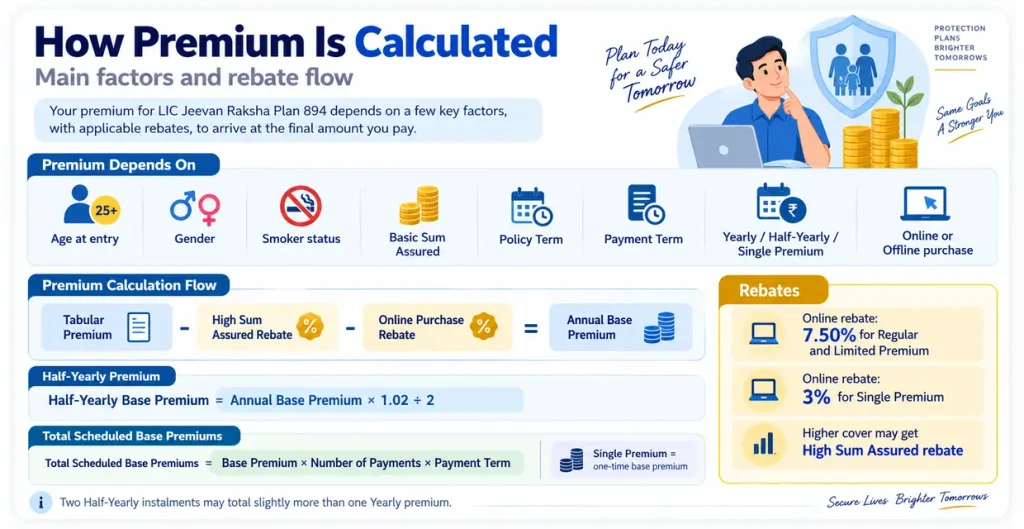 How LIC Jeevan Raksha Plan 894 premium is calculated using tabular premium, High Sum Assured rebate, online purchase rebate and payment frequency