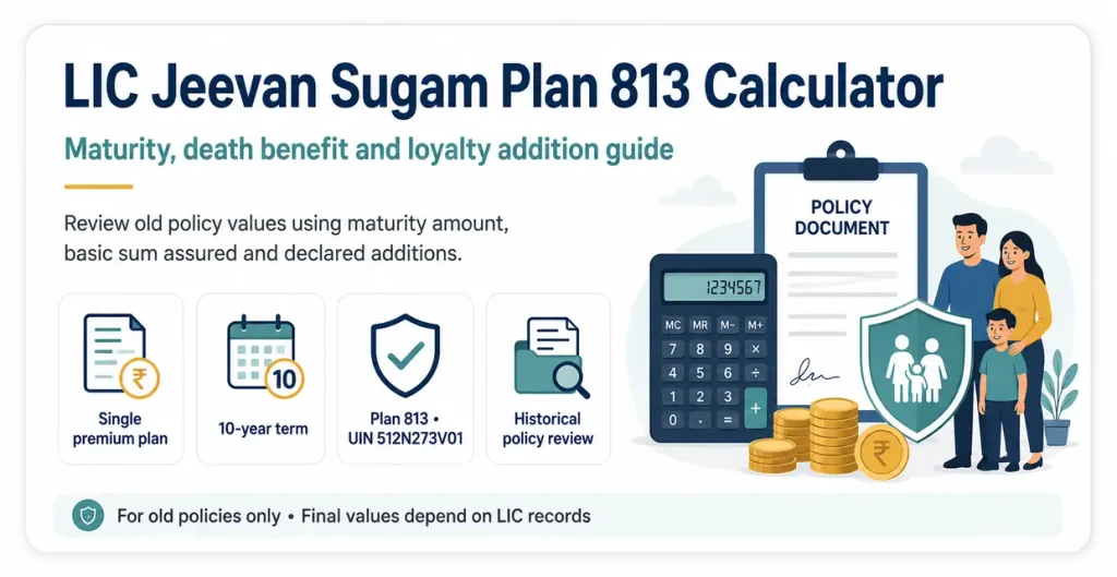 LIC Jeevan Sugam Plan 813 Calculator showing maturity value, death benefit, Basic Sum Assured, single premium and Loyalty Addition for old policies