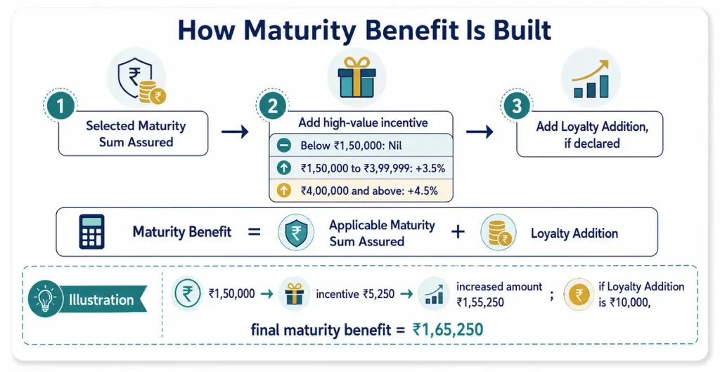 LIC Jeevan Sugam Plan 813 maturity benefit calculation showing high-value Maturity Sum Assured incentive and Loyalty Addition added to the final maturity amount