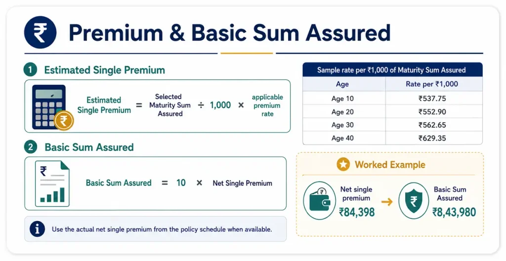 LIC Jeevan Sugam Plan 813 premium and Basic Sum Assured calculation showing single premium rates and Basic Sum Assured equal to ten times net single premium