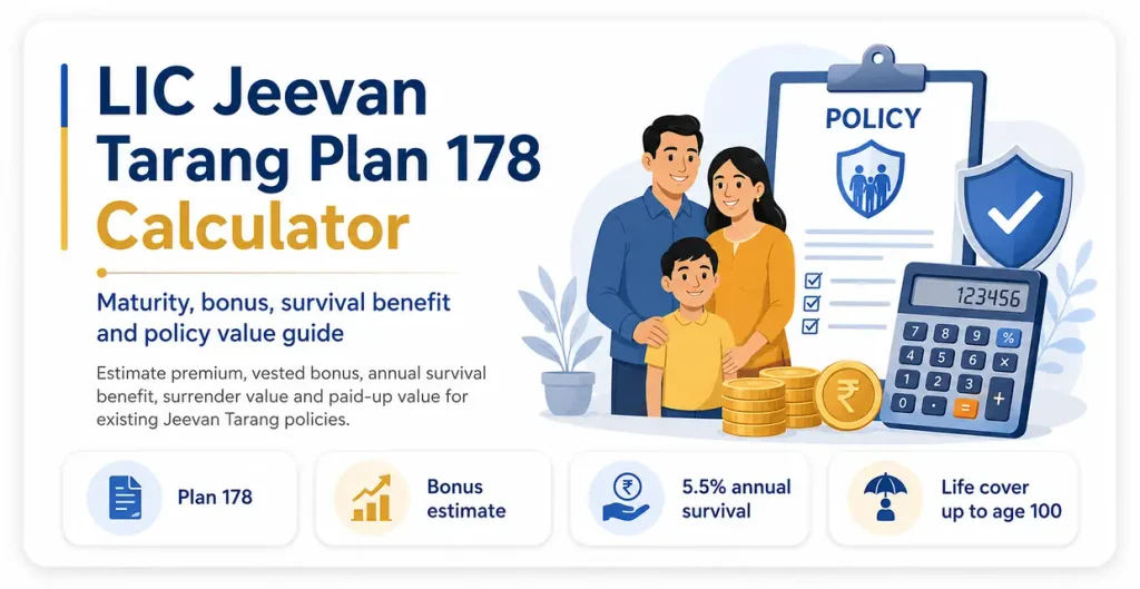 LIC Jeevan Tarang Plan 178 Calculator showing premium, bonus, annual survival benefit, surrender value, paid-up value and life cover up to age 100