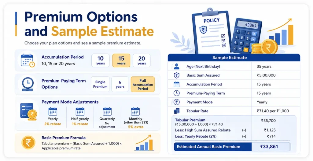 LIC Jeevan Tarang Plan 178 premium options showing 10, 15 and 20 year accumulation periods, premium-paying terms, payment mode adjustments and sample premium estimate