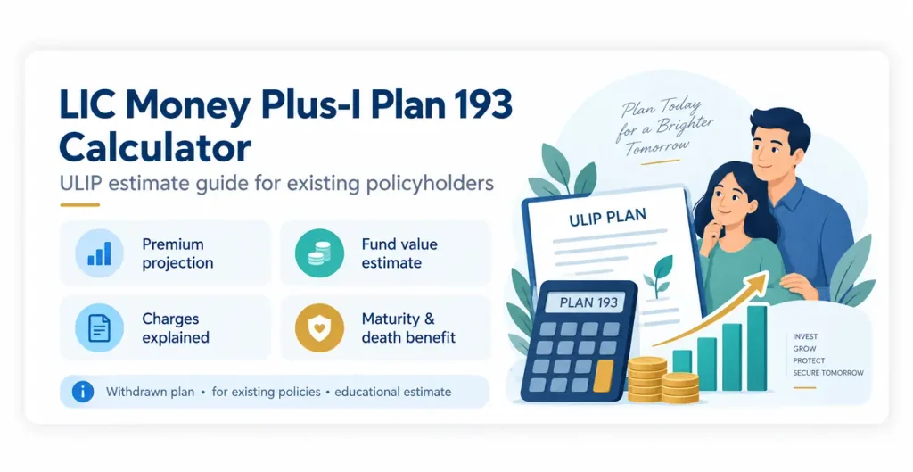LIC Money Plus-I Plan 193 calculator showing premium projection, fund value estimate, policy charges, maturity benefit and death benefit for existing policies
