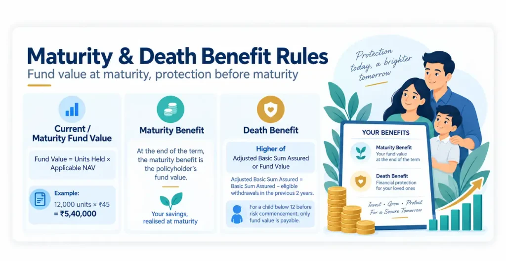 LIC Money Plus-I Plan 193 maturity and death benefit rules showing fund value based on units and NAV and death benefit based on adjusted Basic Sum Assured or fund value