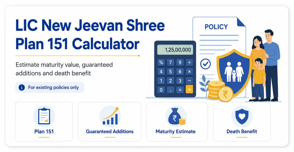 LIC New Jeevan Shree Plan 151 Calculator showing maturity value, Guaranteed Additions and death benefit estimates for existing policies