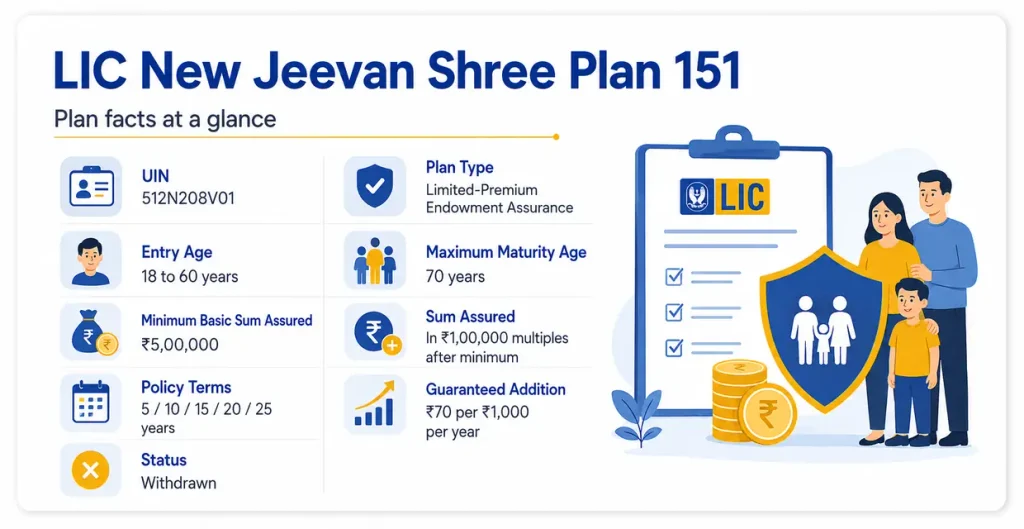 LIC New Jeevan Shree Plan 151 overview showing UIN 512N208V01, entry age, maturity age, Basic Sum Assured, policy terms and Guaranteed Addition rate