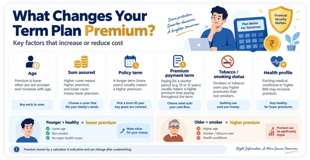 LIC term plan premium factors showing how age, life cover, policy term, payment term, tobacco status and health profile can affect premium